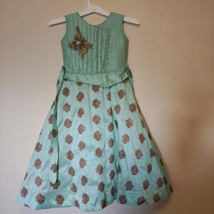 Vintage Bobby Girl Green Gold Floral Beaded Special Occasion Dress Size 26